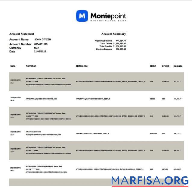 Downloadable Nigeria Moniepoint Microfinance bank account statement word download for verification